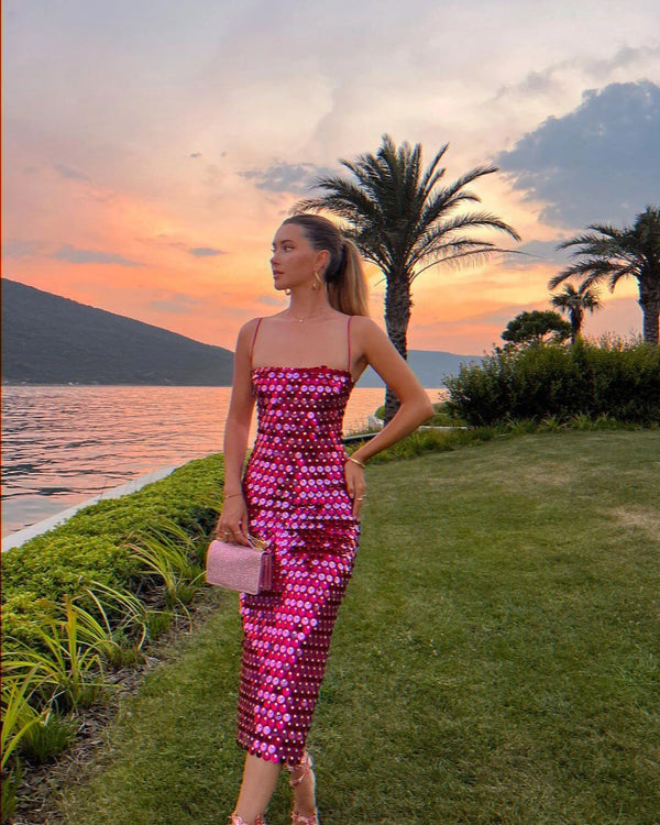DAENERYS RES Sparkling Sexy Slim Sequin Dress For Women Elegant Solid Backless Spaghetti Strap Party Chic Lady Long Dress 2024