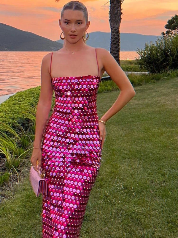 DAENERYS RES Sparkling Sexy Slim Sequin Dress For Women Elegant Solid Backless Spaghetti Strap Party Chic Lady Long Dress 2024
