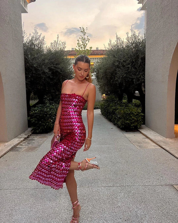 DAENERYS RES Sparkling Sexy Slim Sequin Dress For Women Elegant Solid Backless Spaghetti Strap Party Chic Lady Long Dress 2024